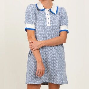 entro Blue Patterned Polo Collar Mini Dress with White Trim